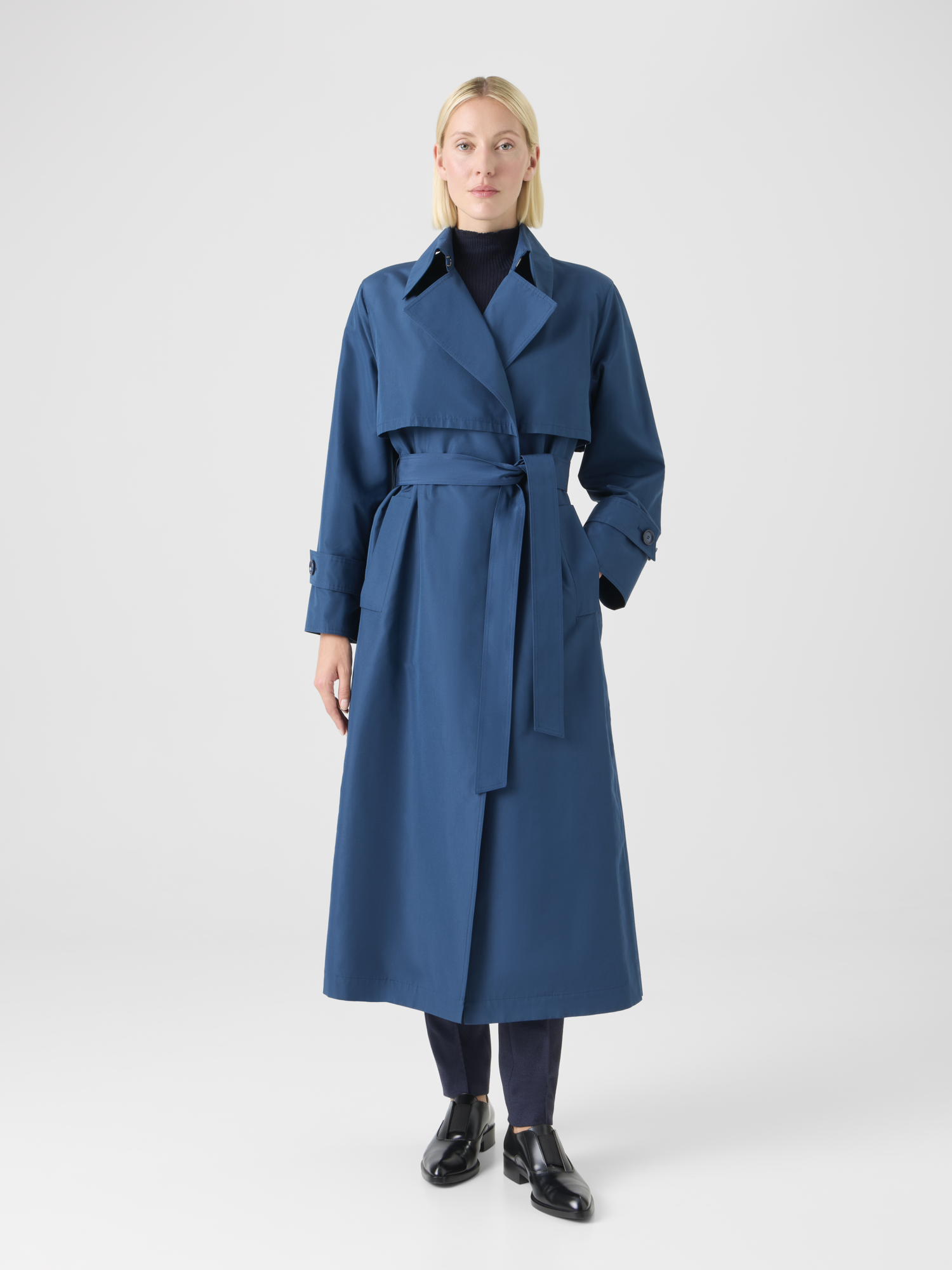 Designer Silk Poplin Oversized Trench Coat - navy - blue 