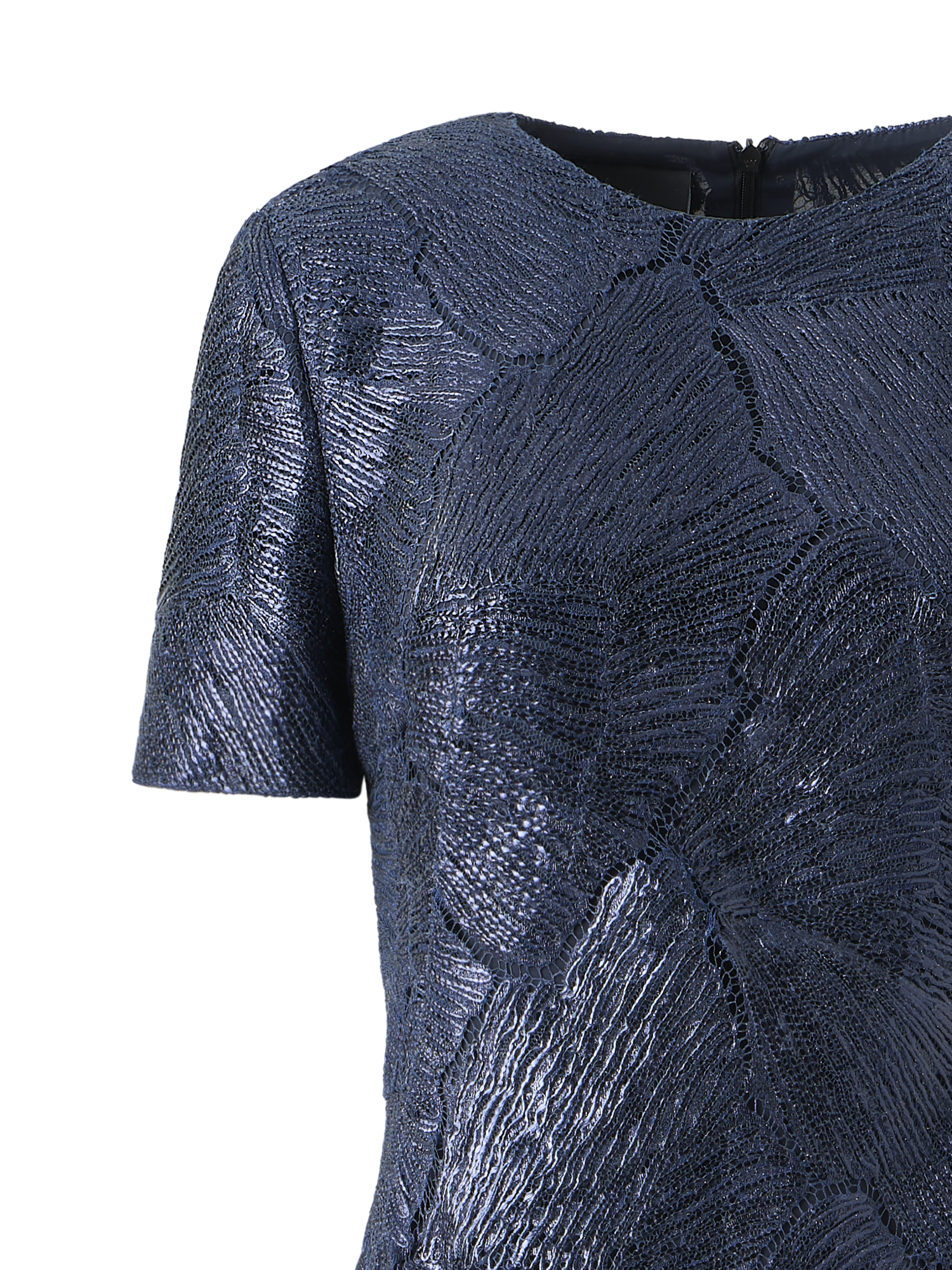 Designer Techno Lacquered Sea Fan Lace Evening Gown - navy - blue