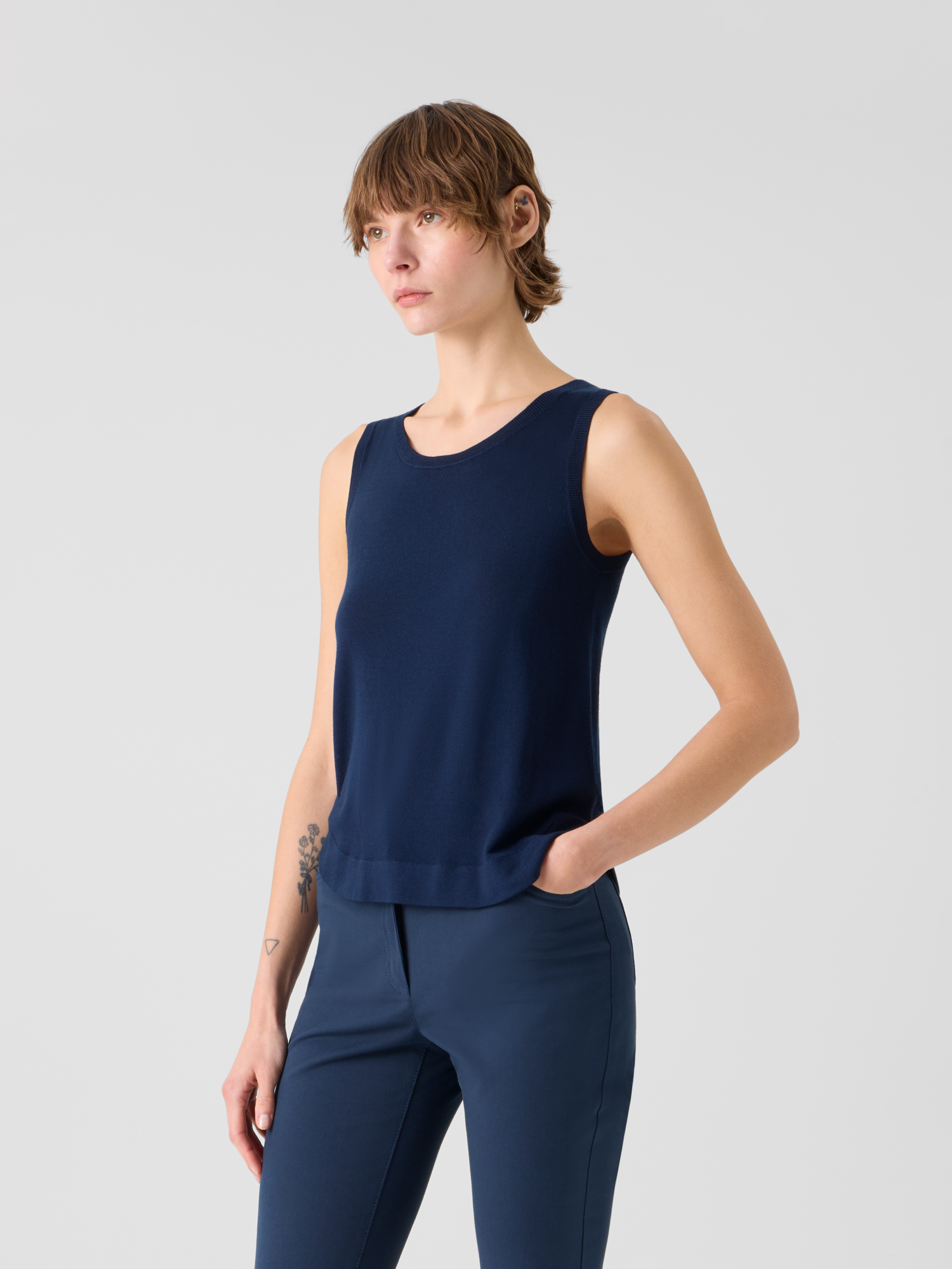 Designer Boat Neck Lightweight Merino Wool Knit Top - navy - blue