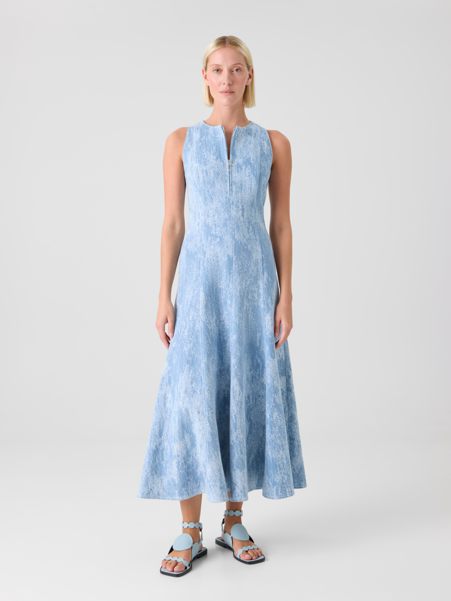 Designer Fit-and-Flare Jacquard Denim Midi Dress - blue 