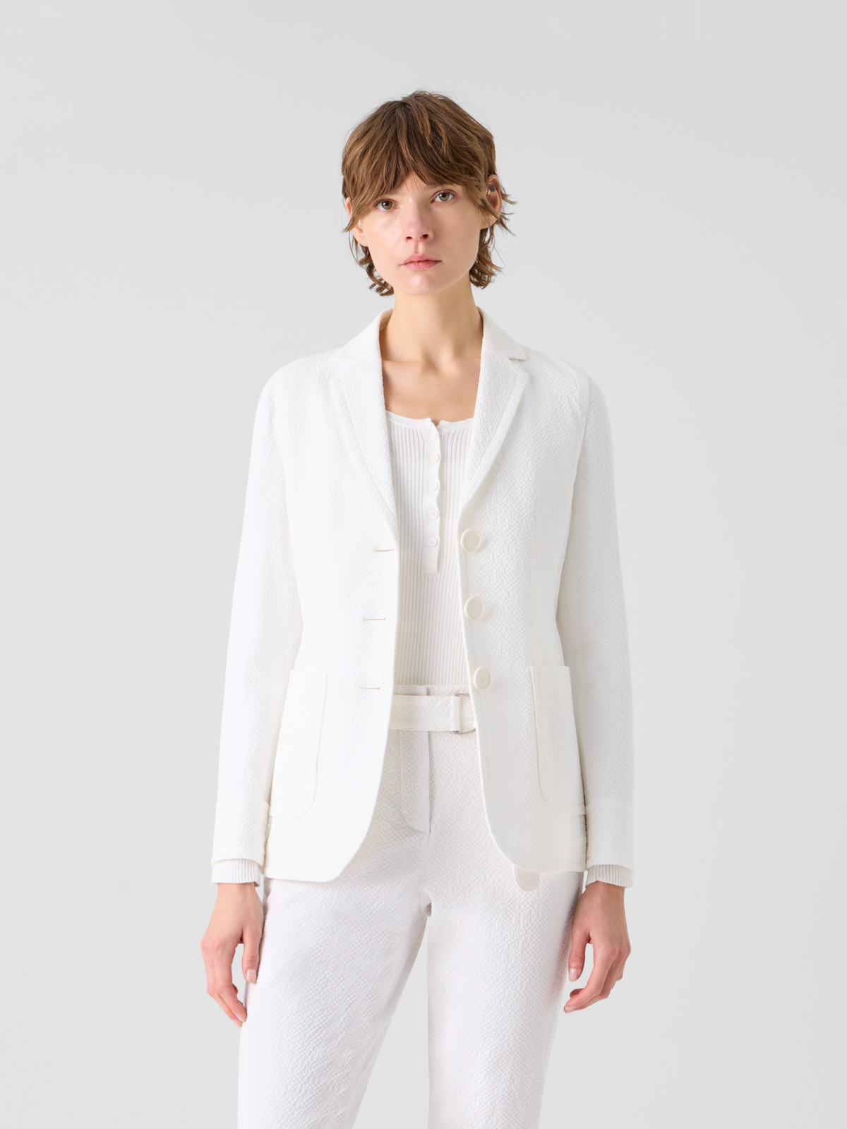 Designer Relaxed Cotton Stretch Seersucker Jacket - white #editorial