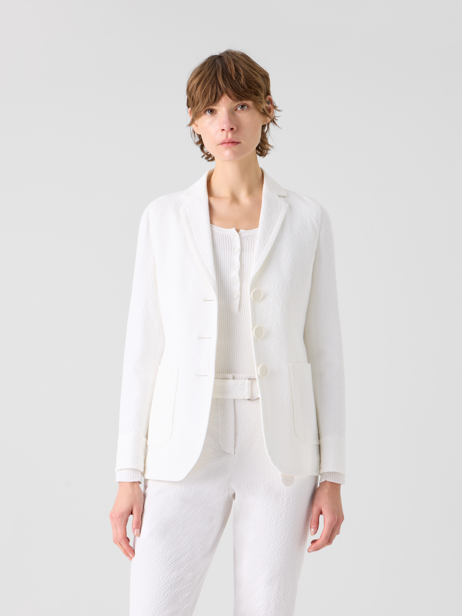 Designer Relaxed Cotton Stretch Seersucker Jacket - white 