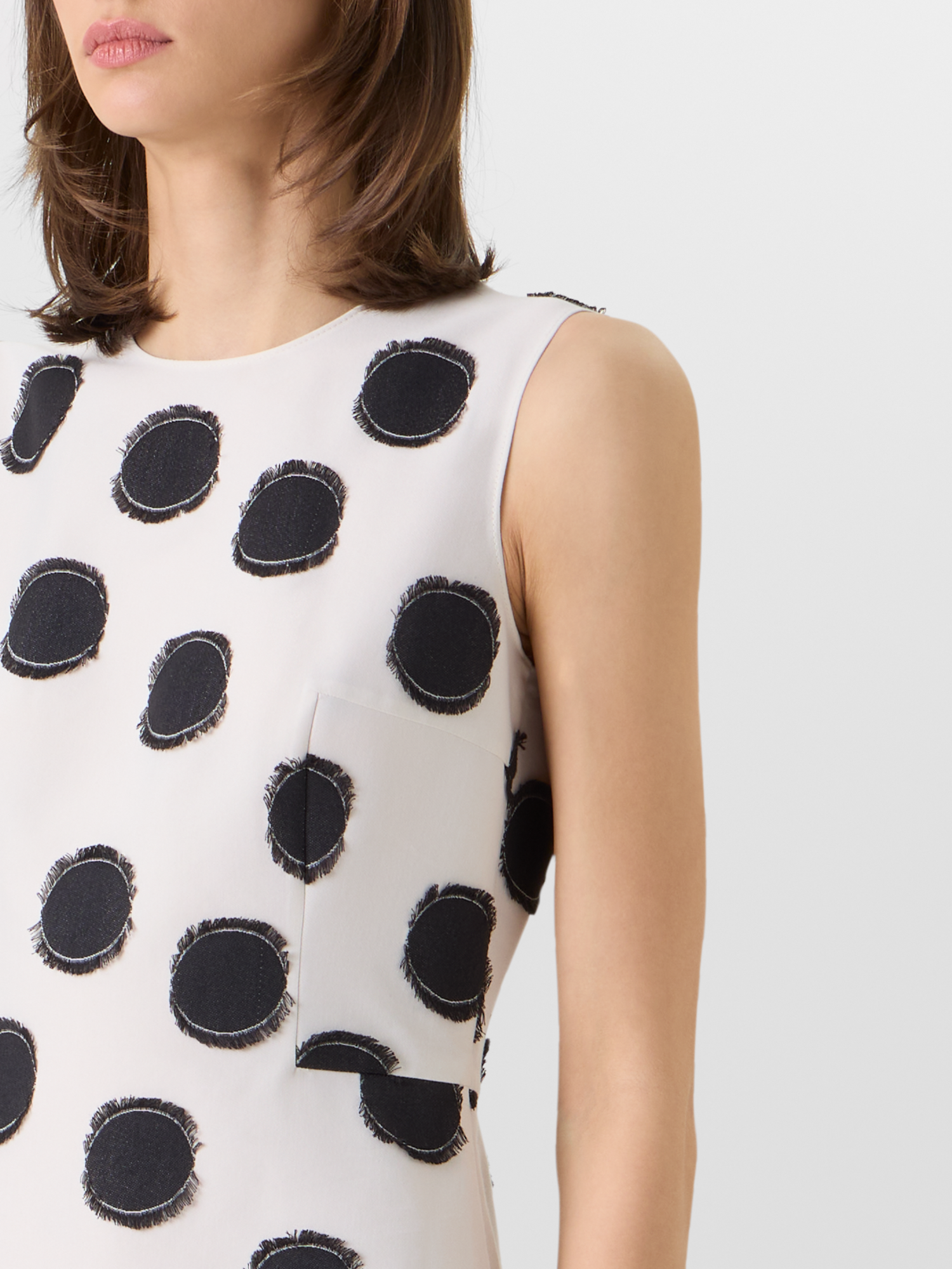 Designer Sleeveless Fringed Polka-Dot Midi Dress - white 