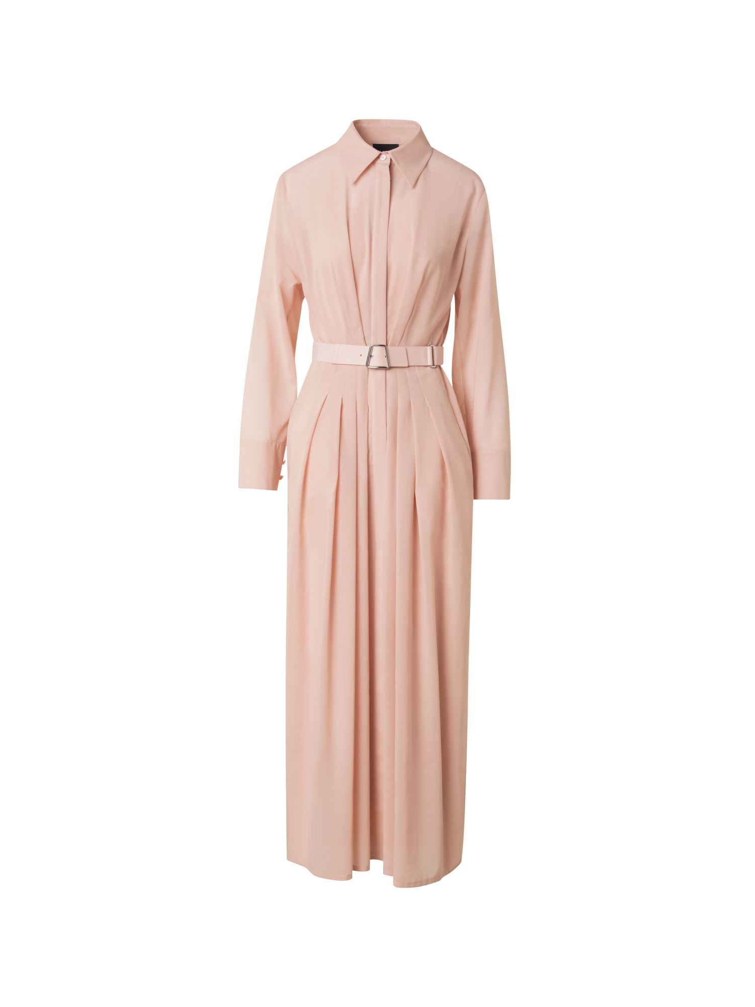 Designer Belted Long Sleeve Shirt Dress in Cotton Voile - neutral - pastel - beige