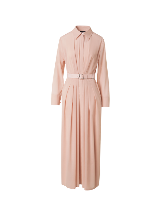 Designer Belted Long Sleeve Shirt Dress in Cotton Voile - neutral - pastel - beige