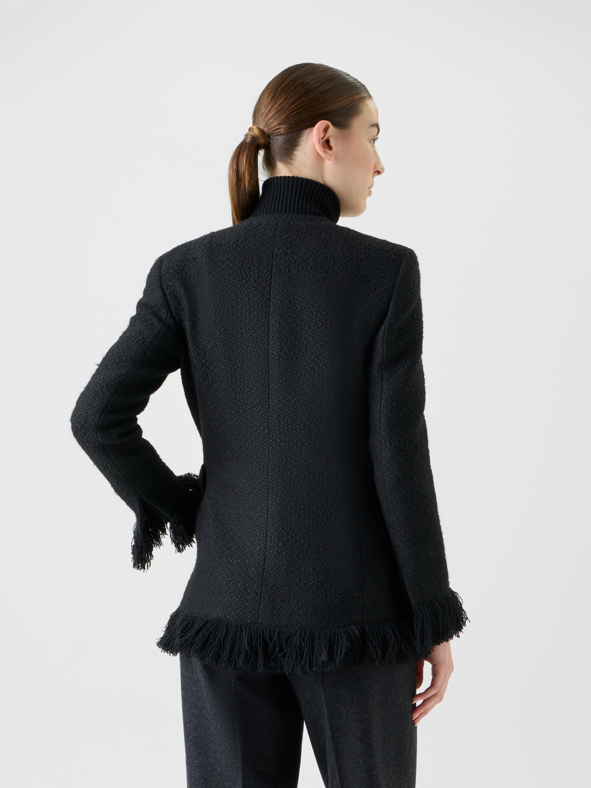 Designer Double-Breasted Illusion Jacket with Fringes - black - neutral #editorial