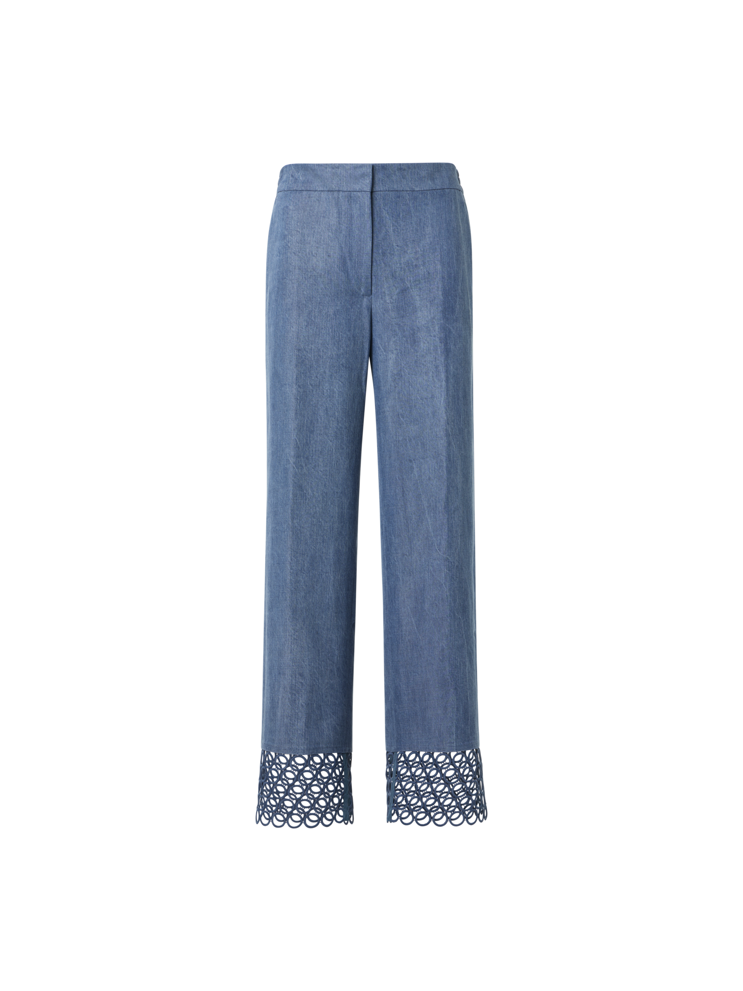 Designer Marlon High Waist Denim Cropped Pants with Eyelet Guipure - blue