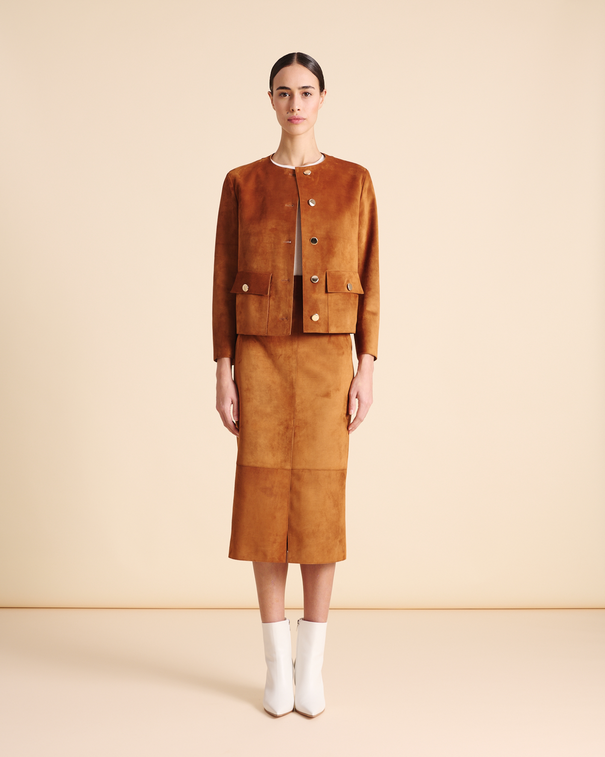 Designer Suede Jacket with Golden Buttons - neutral - brown #editorial