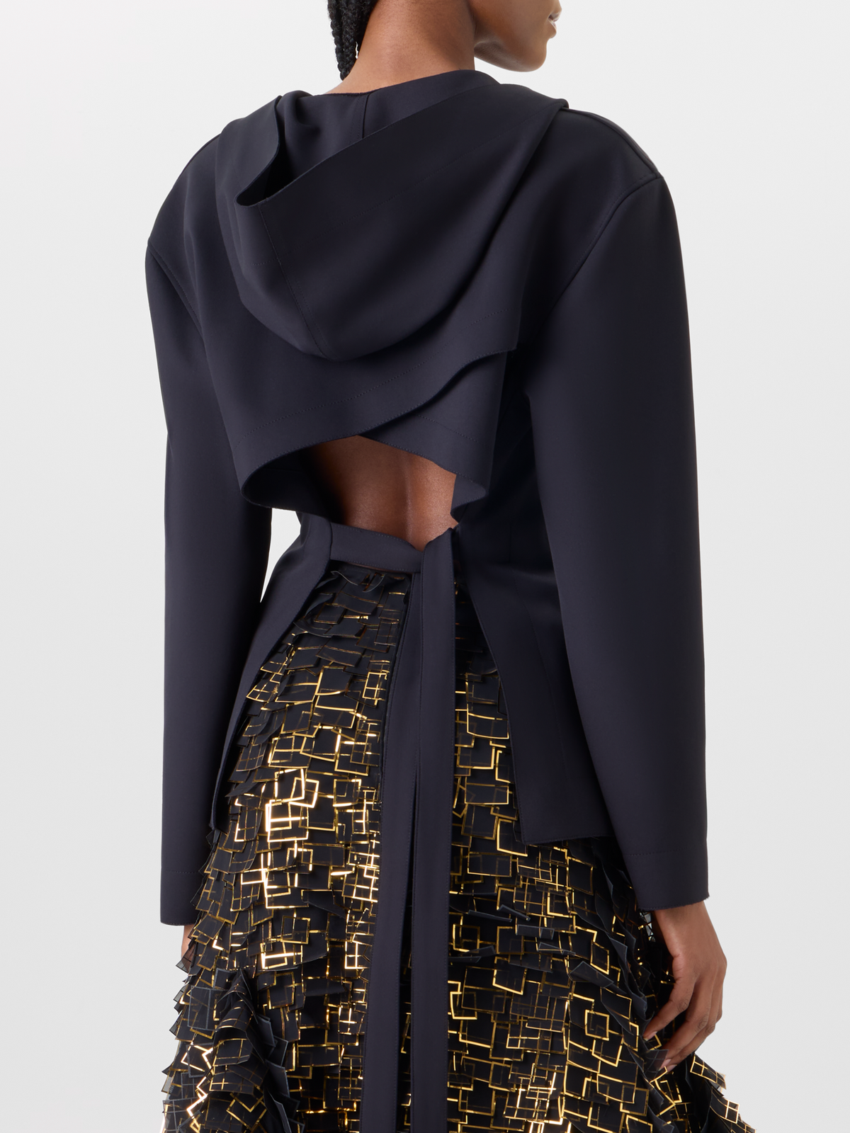 Designer Jacket with Open Back in Light Neoprene - black #editorial