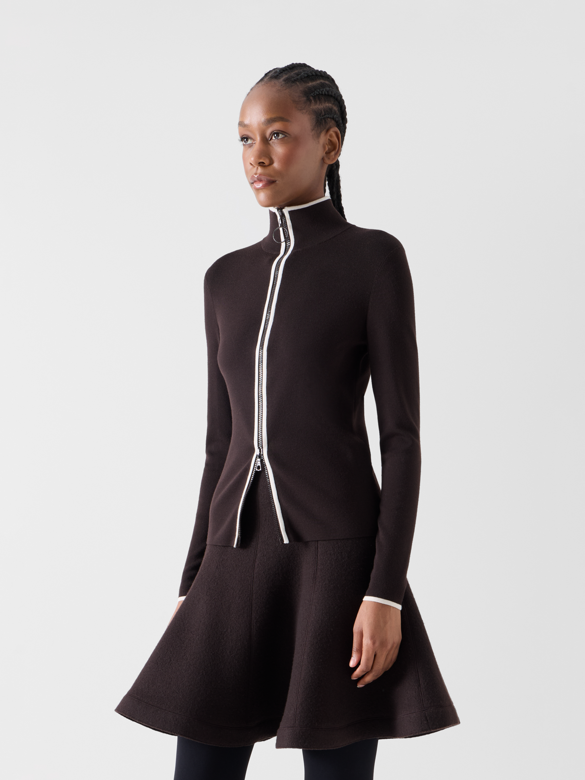 Designer Zipped Cardigan with Contrast Piping - brown #editorial