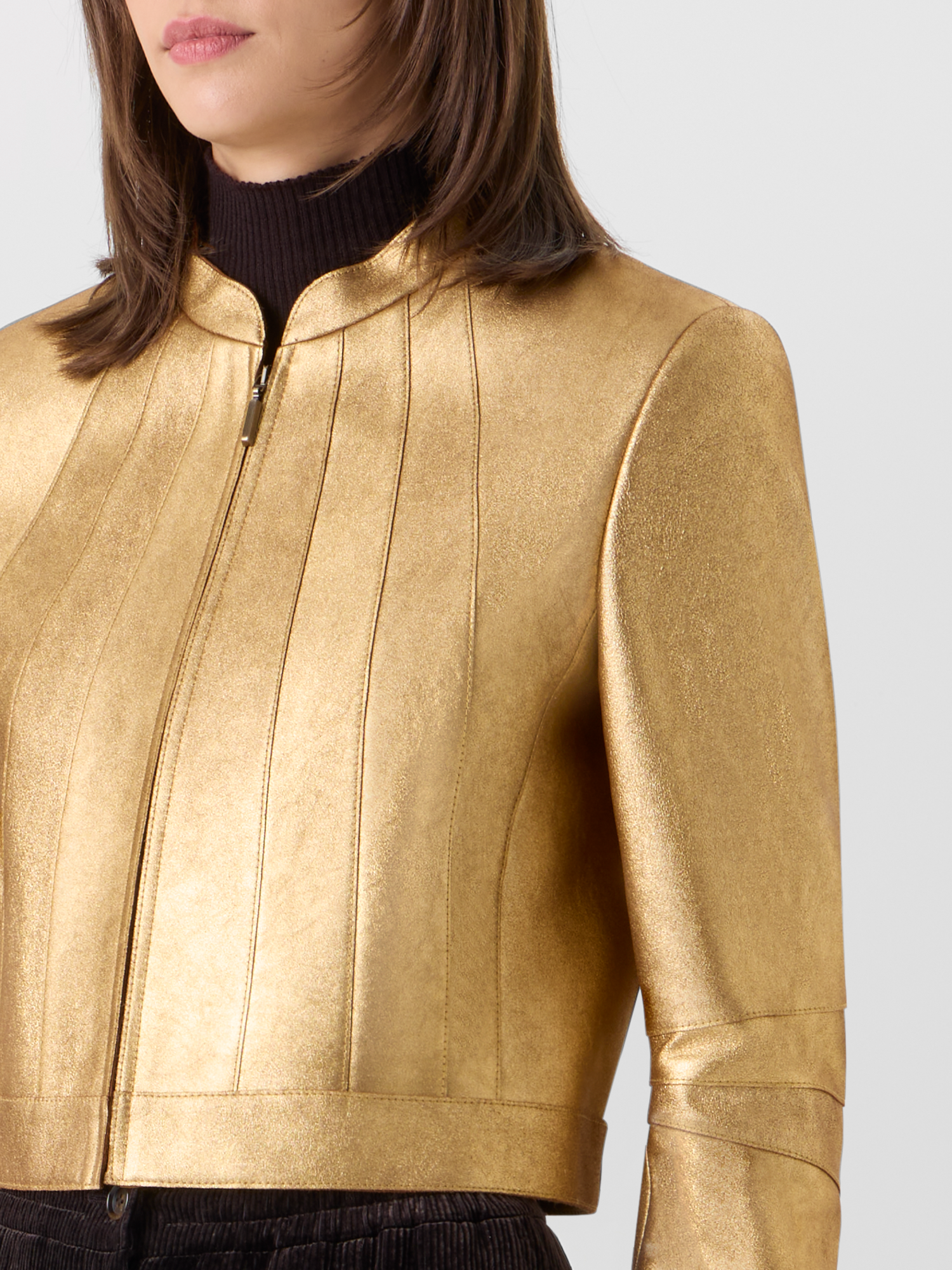 Designer Short Fitted Lamé Calf Nappa Leather Jacket - gold 