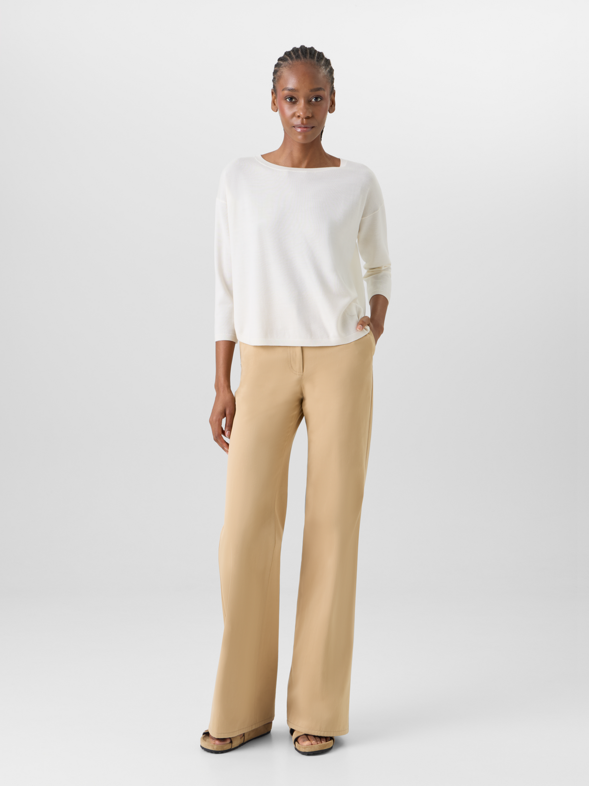Designer Bracelet-Sleeve Merino Wool Knit Pullover - ecru #editorial