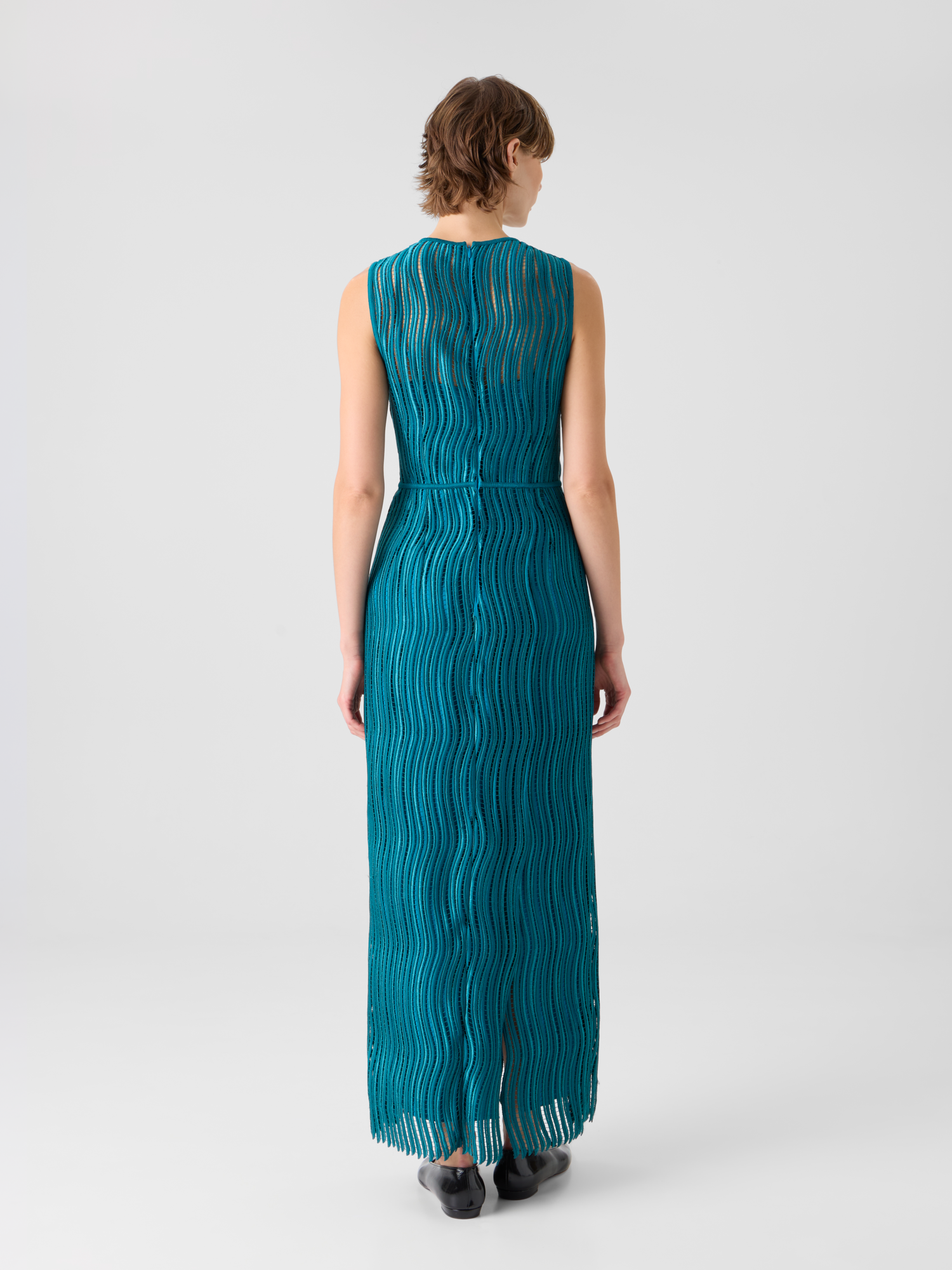 Designer Sheath Dress in Wave Guipure - green 
