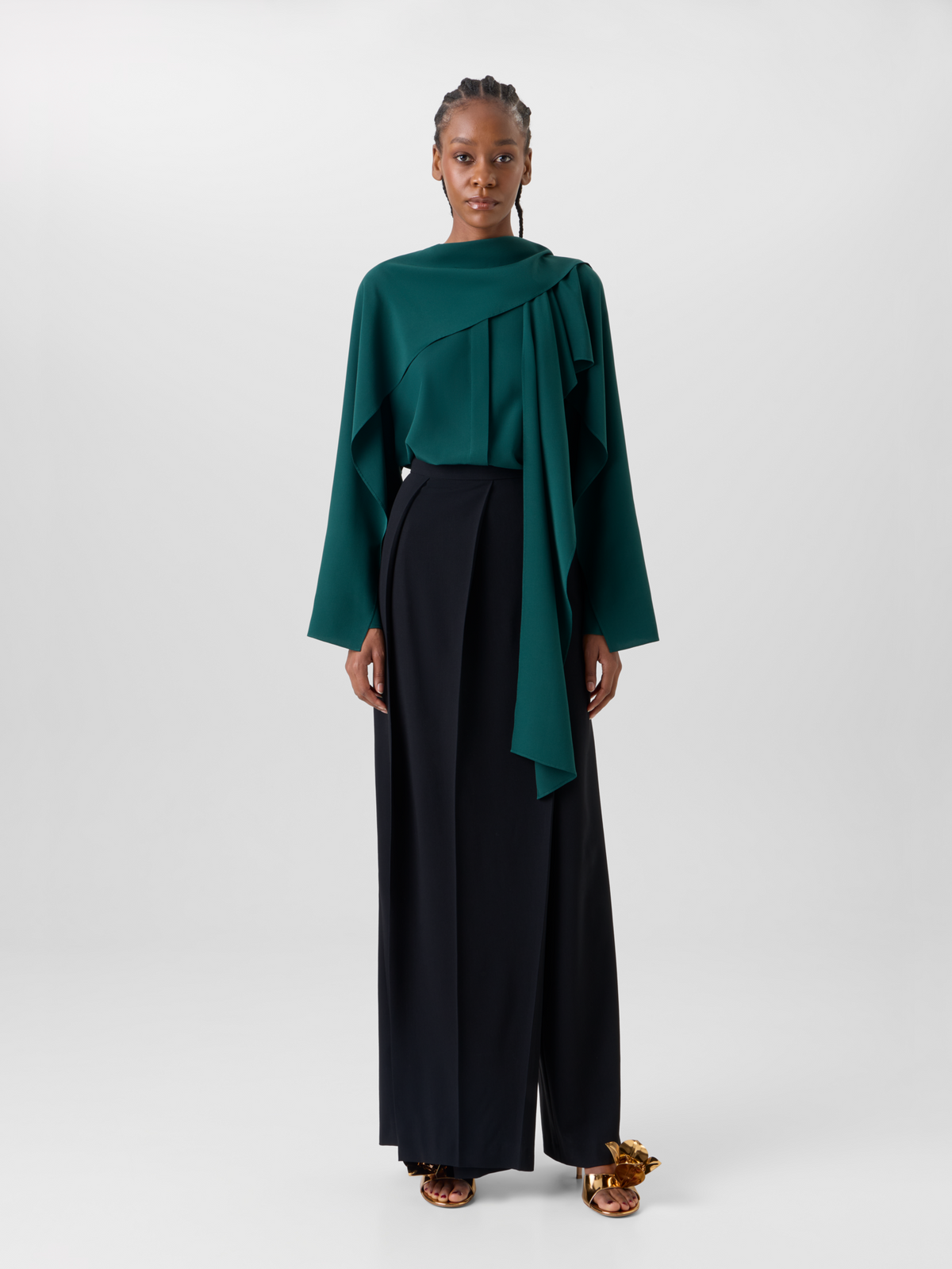 Designer Silk Crêpe Blouse with Flared Panel Sleeves - green #editorial