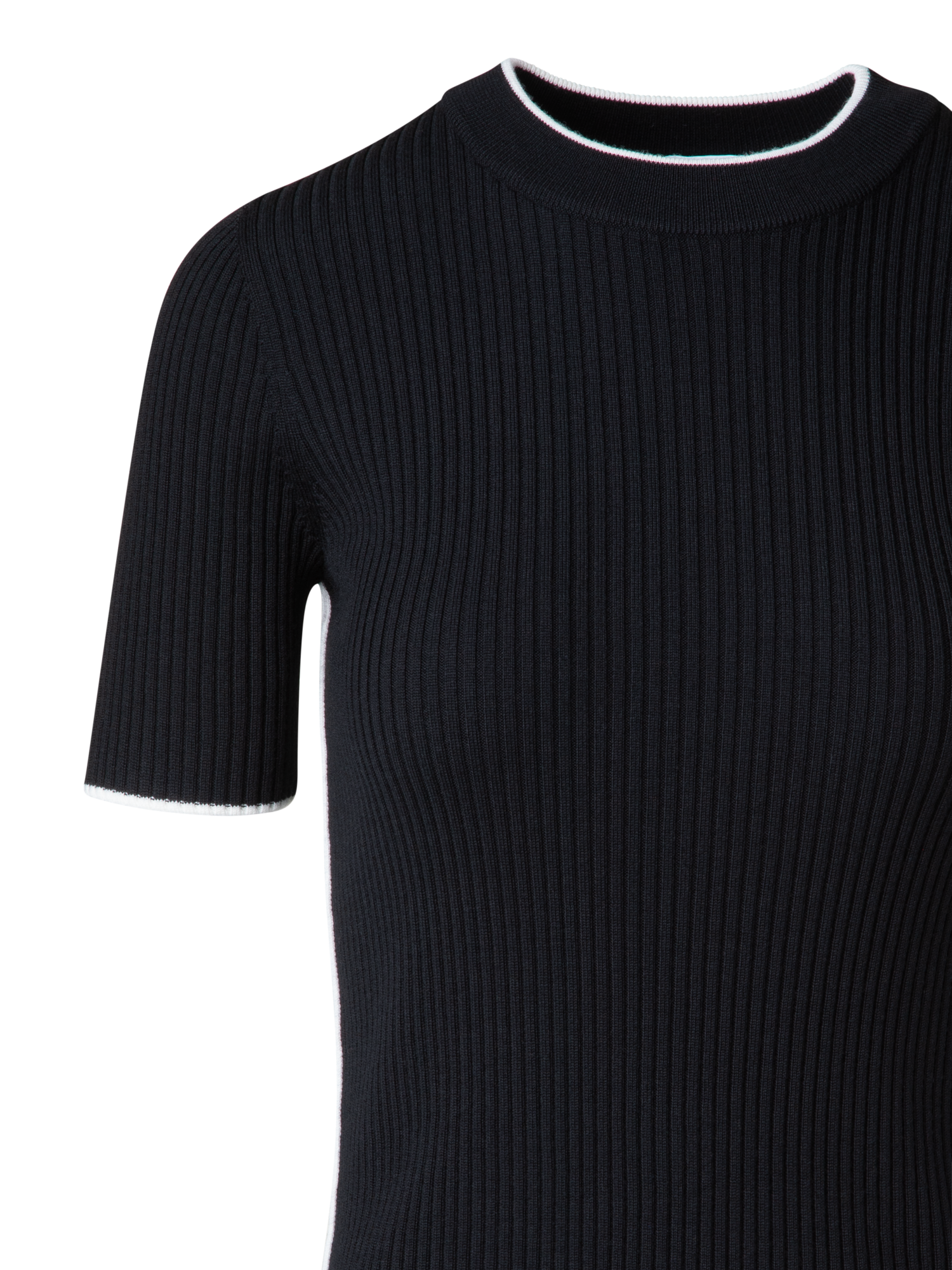 Designer Short Sleeve Virgin Wool Sweater with Piping - black