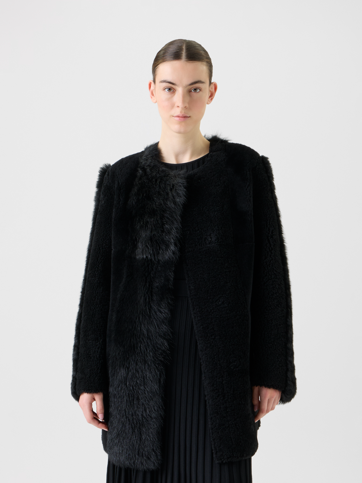 Designer Straight Patchwork Shearling Short Coat - black - neutral #editorial