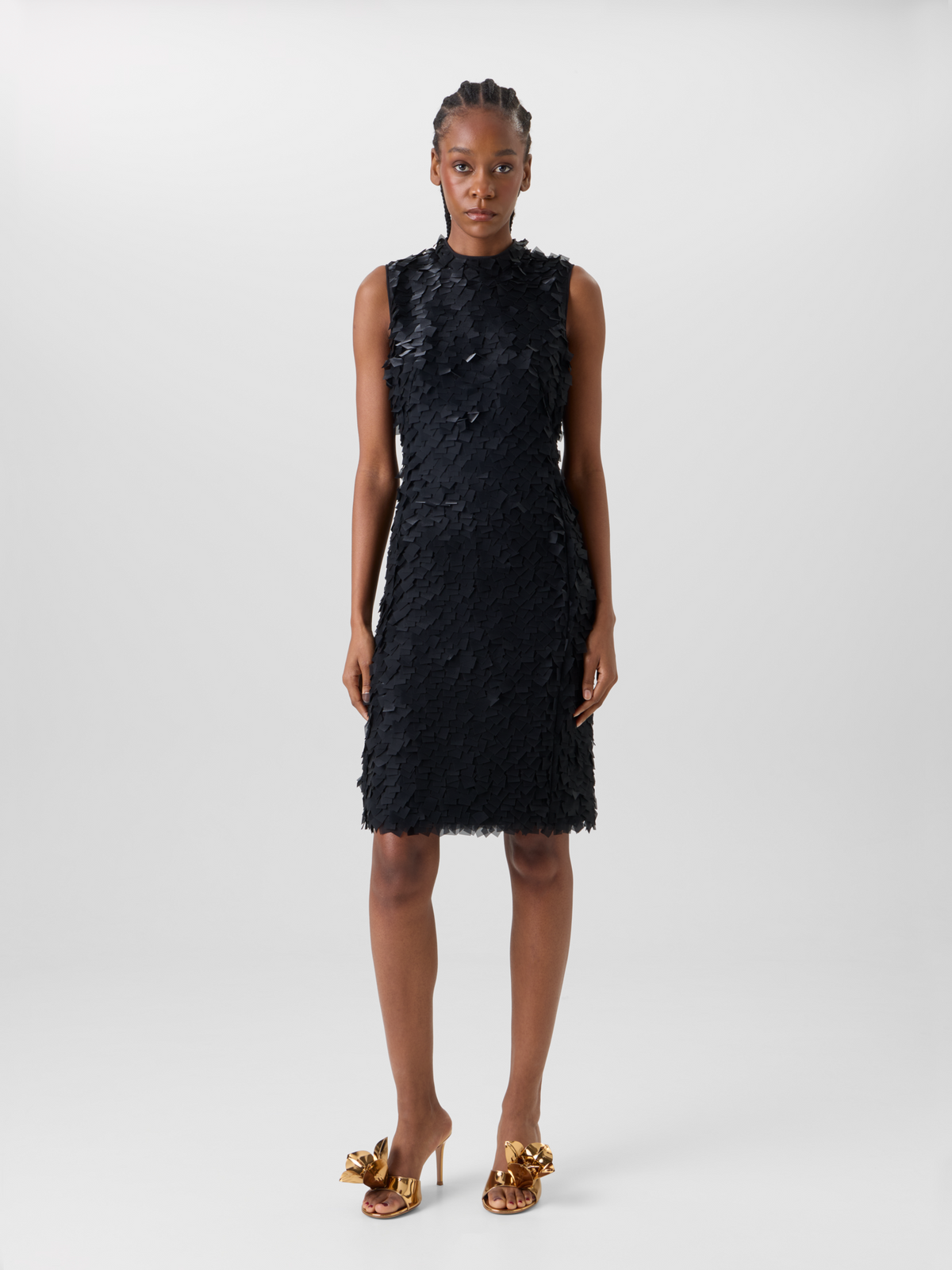 Designer Sleeveless Sheath Dress in Layered Organza Tiles - black #editorial