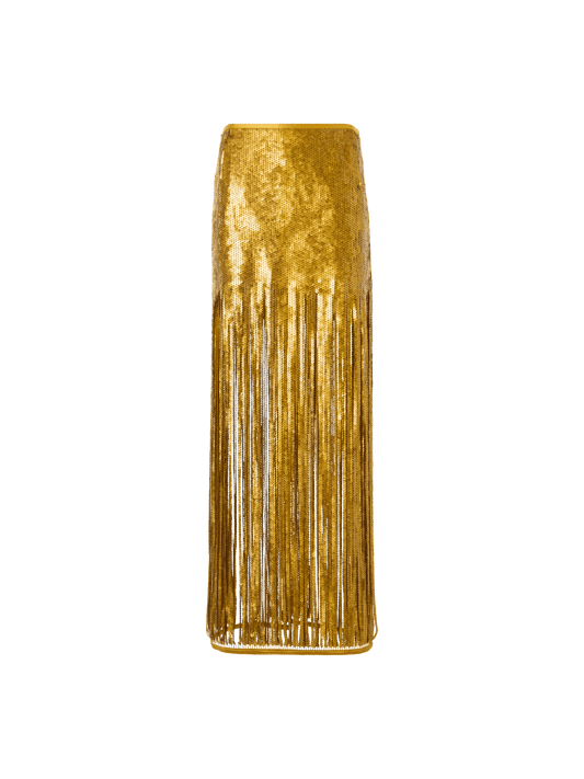 Designer Sequin Fringe Midi Skirt - gold