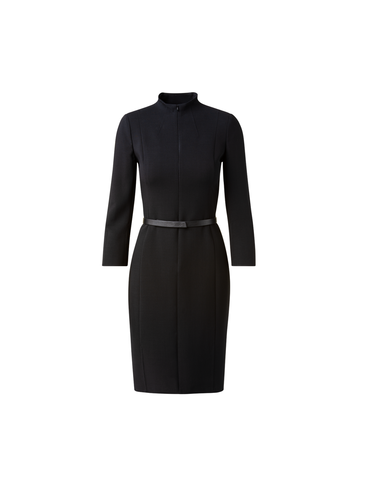 Designer 3/4 Sleeve Wool Double-Face Mock Neck Dress - black