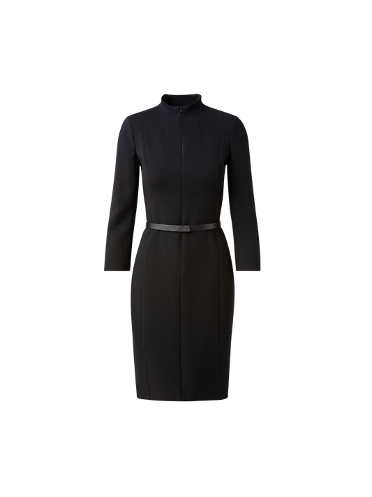 Designer 3/4 Sleeve Wool Double-Face Mock Neck Dress - black