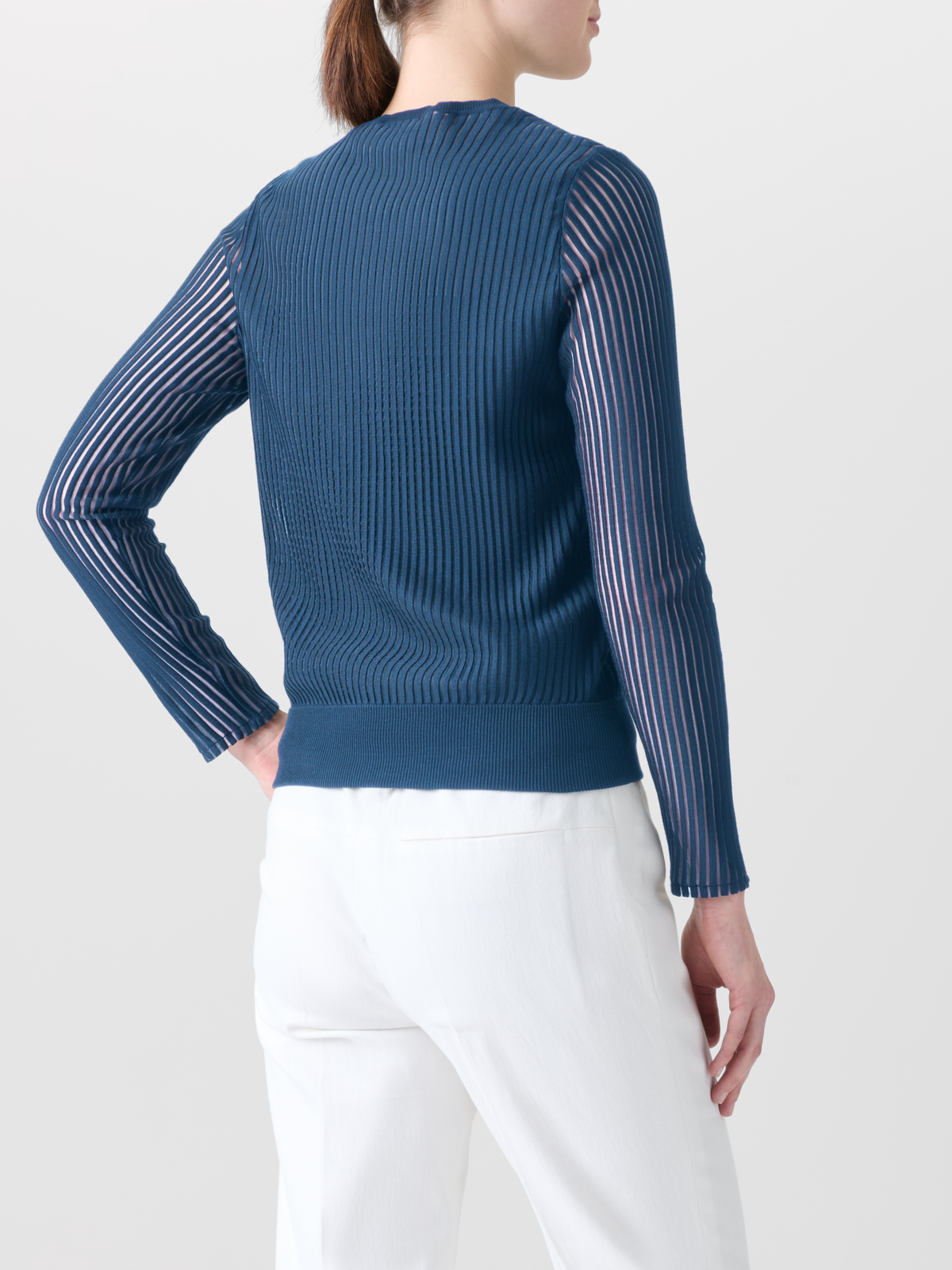 Designer Knit Cardigan in Silk Blend Structured Lines - blue #editorial