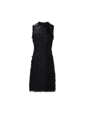 Designer Sleeveless Sheath Dress in Layered Organza Tiles - black