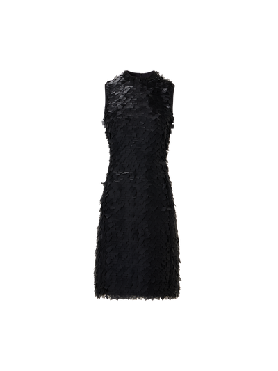 Designer Sleeveless Sheath Dress in Layered Organza Tiles - black