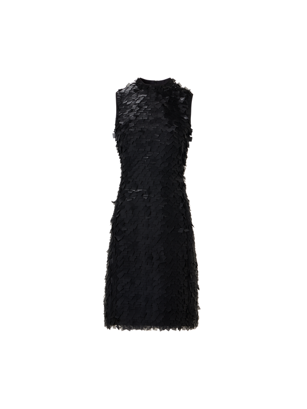 Designer Sleeveless Sheath Dress in Layered Organza Tiles - black