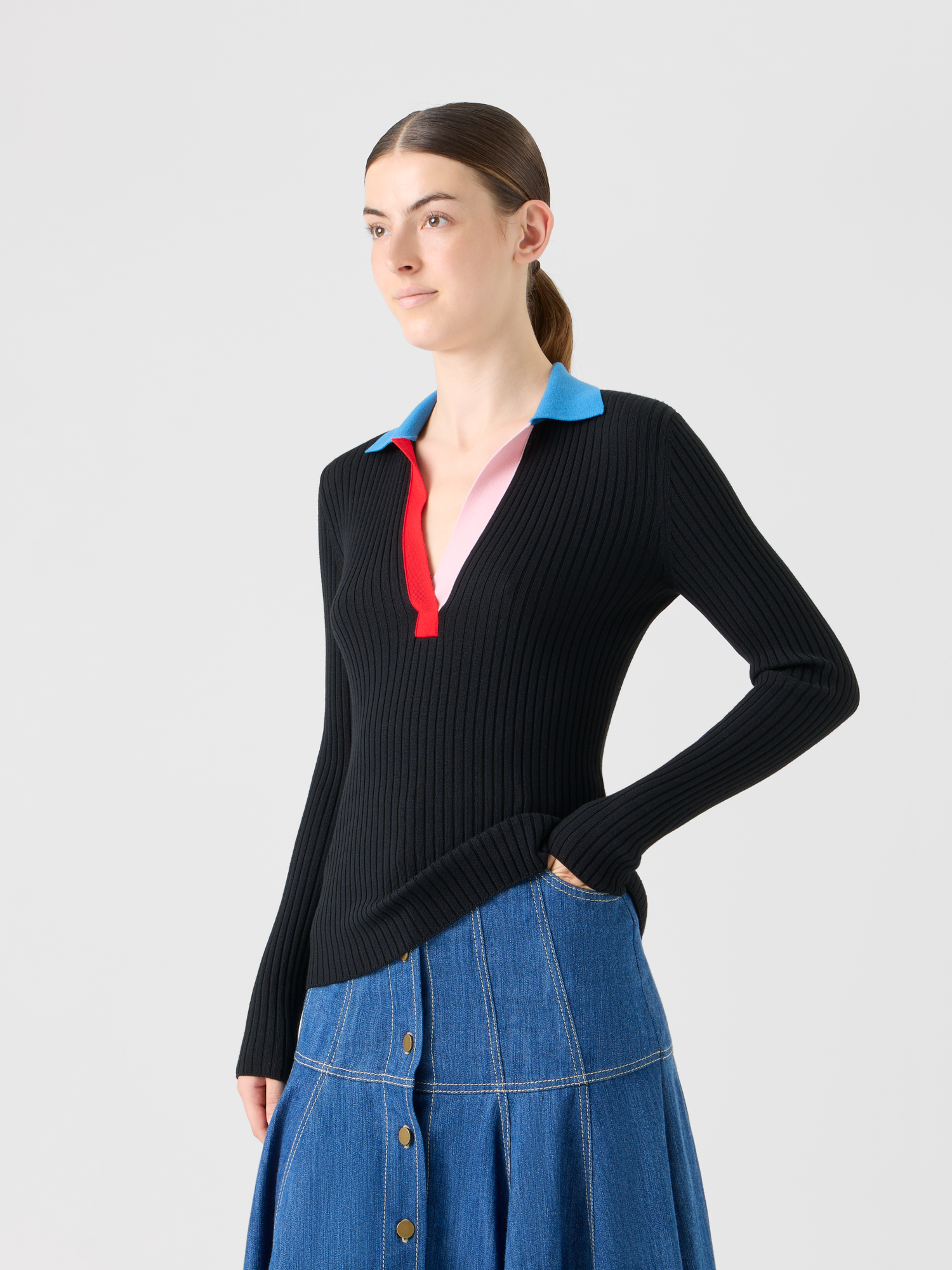 Designer Ribbed Merino Wool Polo Sweater - black 