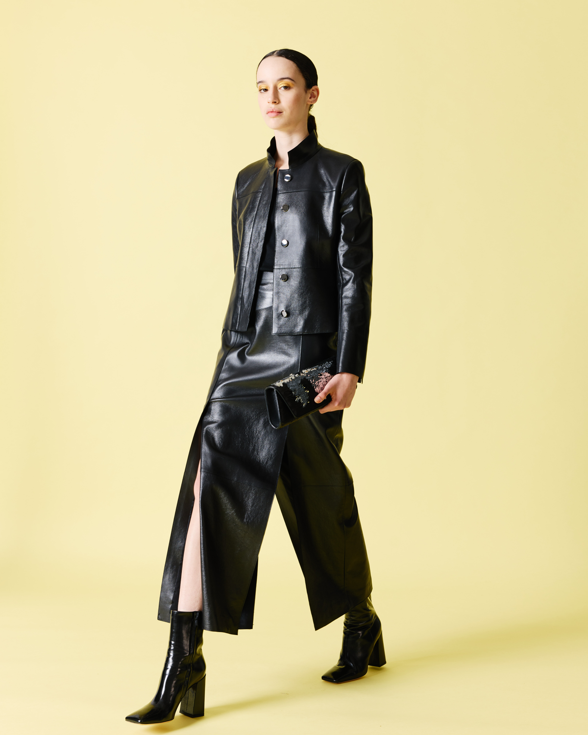 Designer Cropped Jacket in Lacquered Leather - black #editorial