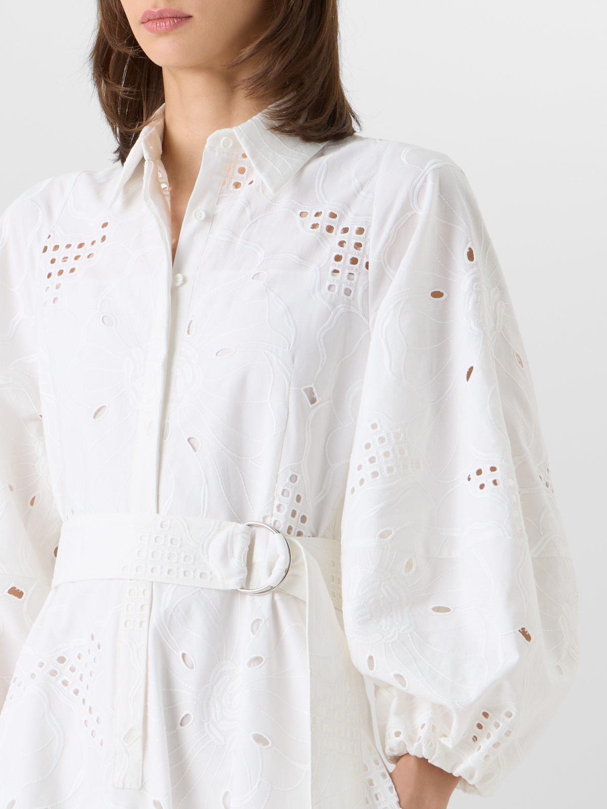 Designer Fit-and-Flare Flower Eyelet Midi Dress - white #editorial