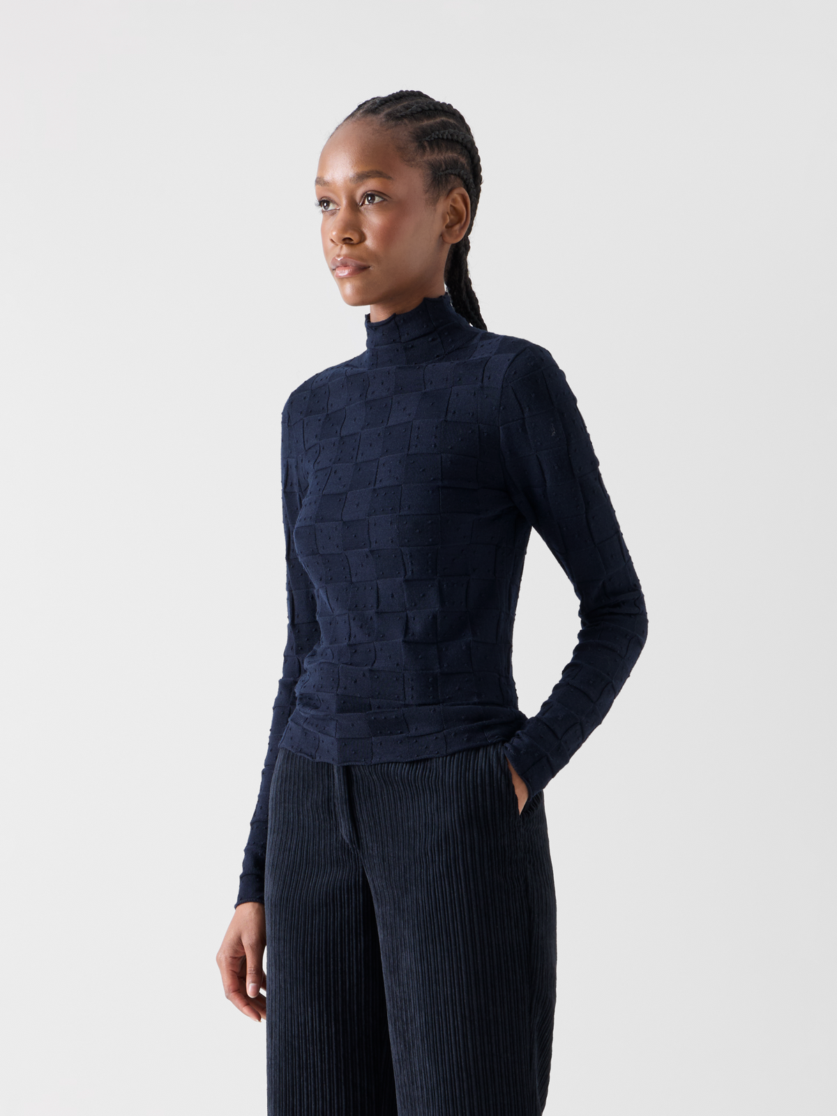 Designer Fitted Wool Sweater with 3D Dice Knit - navy 