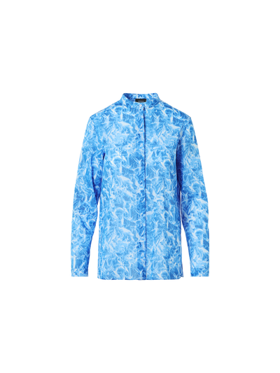 Designer Whitecaps Print Cotton Voile Tunic Blouse - blue