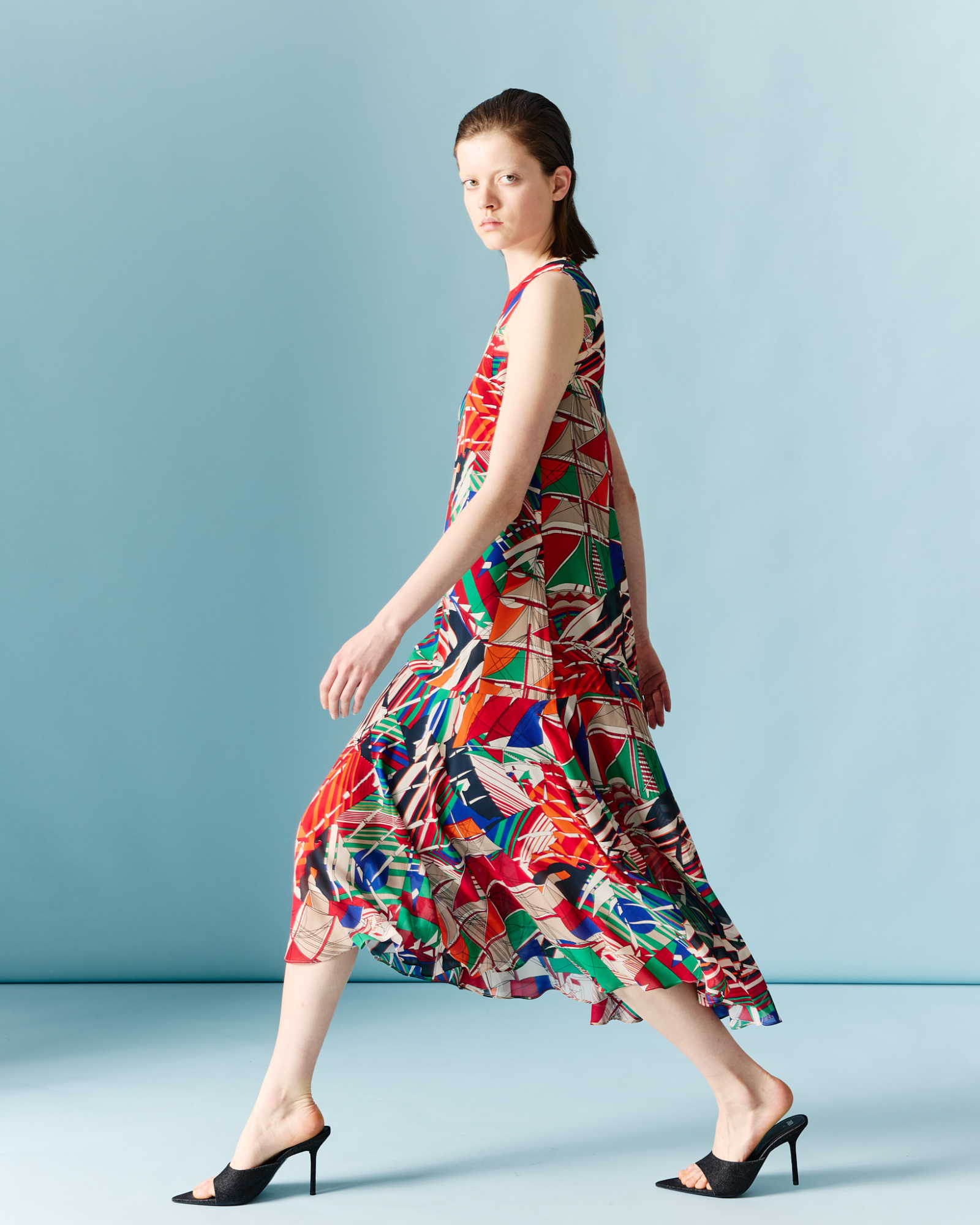 Designer A-Line Midi Dress with Sea Clipper Print - multicolor 
