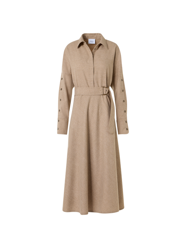 Designer Flared Wool Flannel Midi Dress - beige