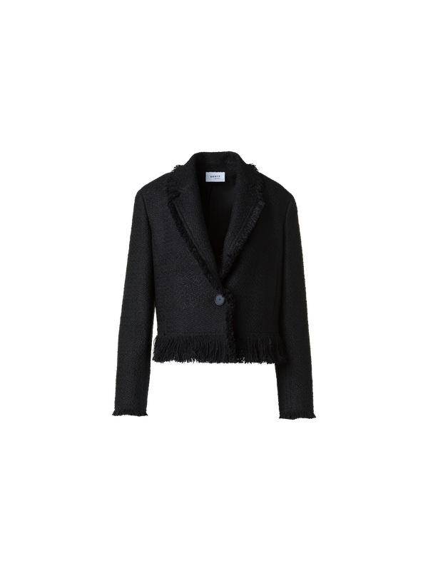 Cropped Bouclé Tweed Jacket with Fringe Hem – Akris Inc. Cropped Bouclé Tweed Jacket with Fringe Hem – Akris Inc.