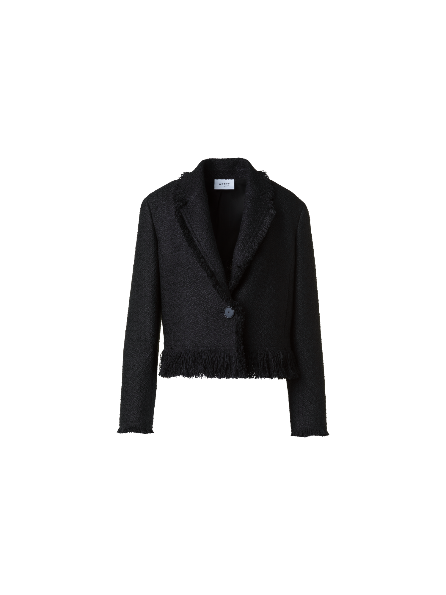 Designer Cropped Bouclé Tweed Jacket with Fringe Hem - black - neutral