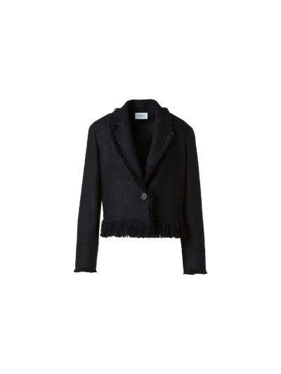 Designer Cropped Bouclé Tweed Jacket with Fringe Hem - black - neutral