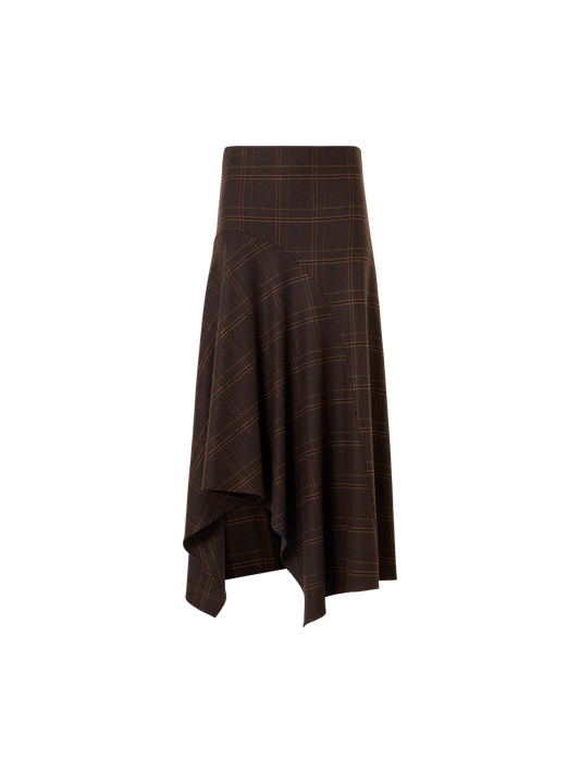 Designer Midi Skirt in Check Flannel with Handkerchief Hem - brown