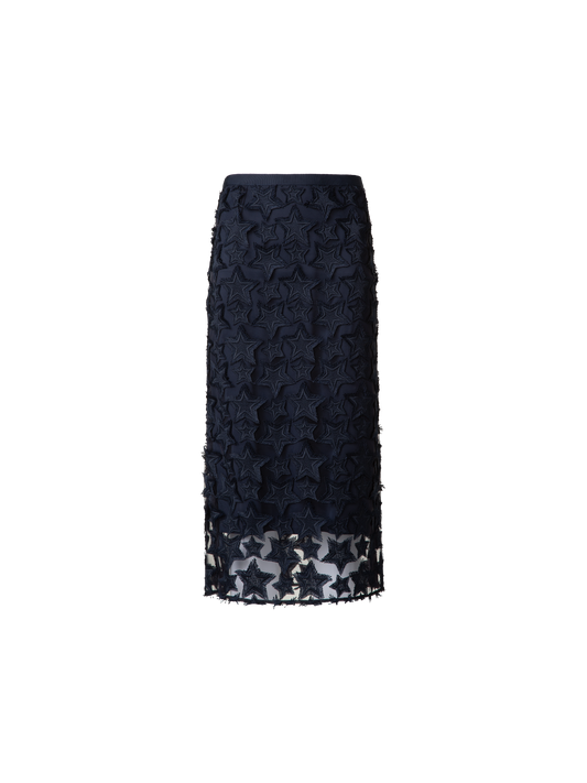 Designer Midi Skirt with 3D Star Embroidery - navy - blue