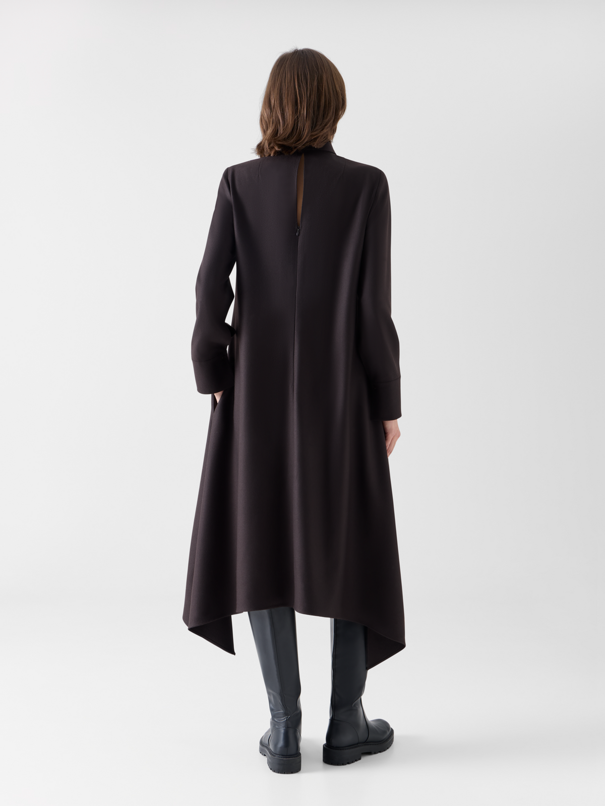 Designer Flannel Midi Dress with Handkerchief Hem - brown 