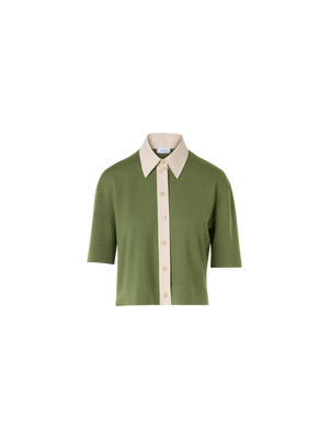 Designer Short-Sleeve Merino Wool Knit Polo Cardigan - green
