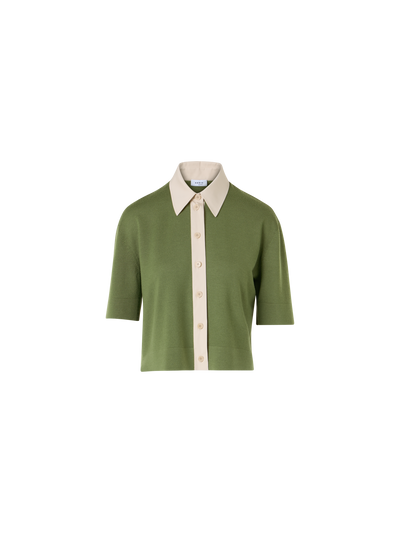 Designer Short-Sleeve Merino Wool Knit Polo Cardigan - green