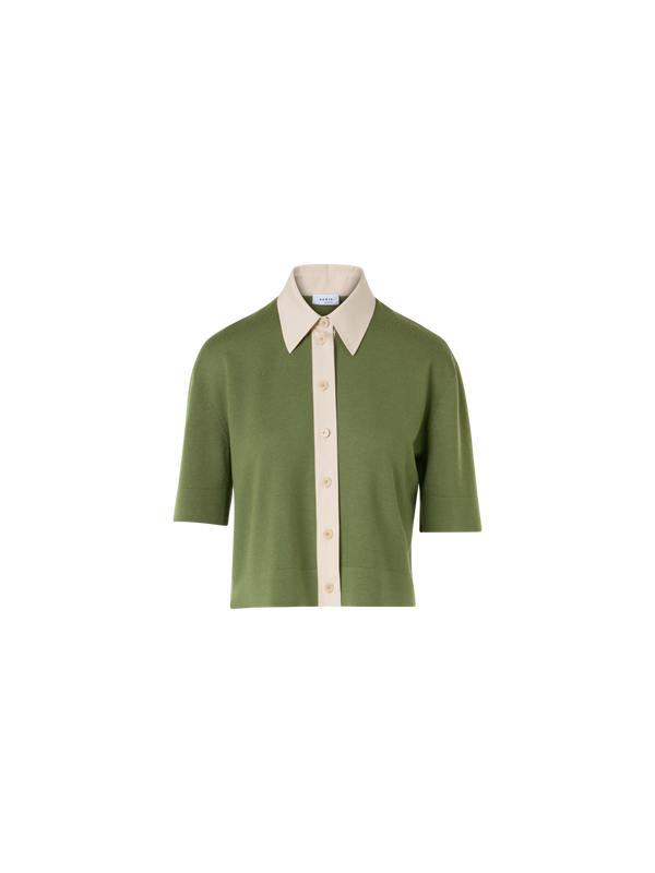 Designer Short-Sleeve Merino Wool Knit Polo Cardigan - green