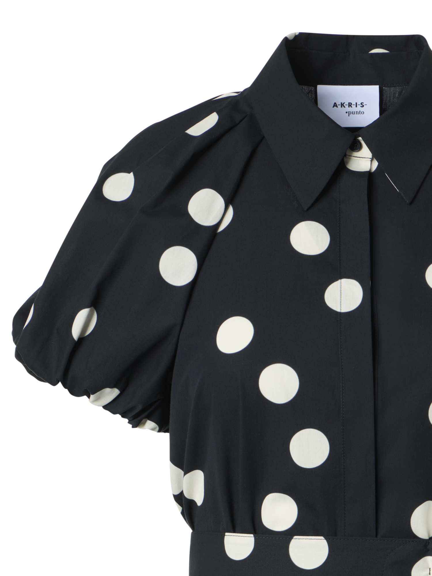 Designer Polka Dot Cotton Shirt Dress with Puff Sleeves - black