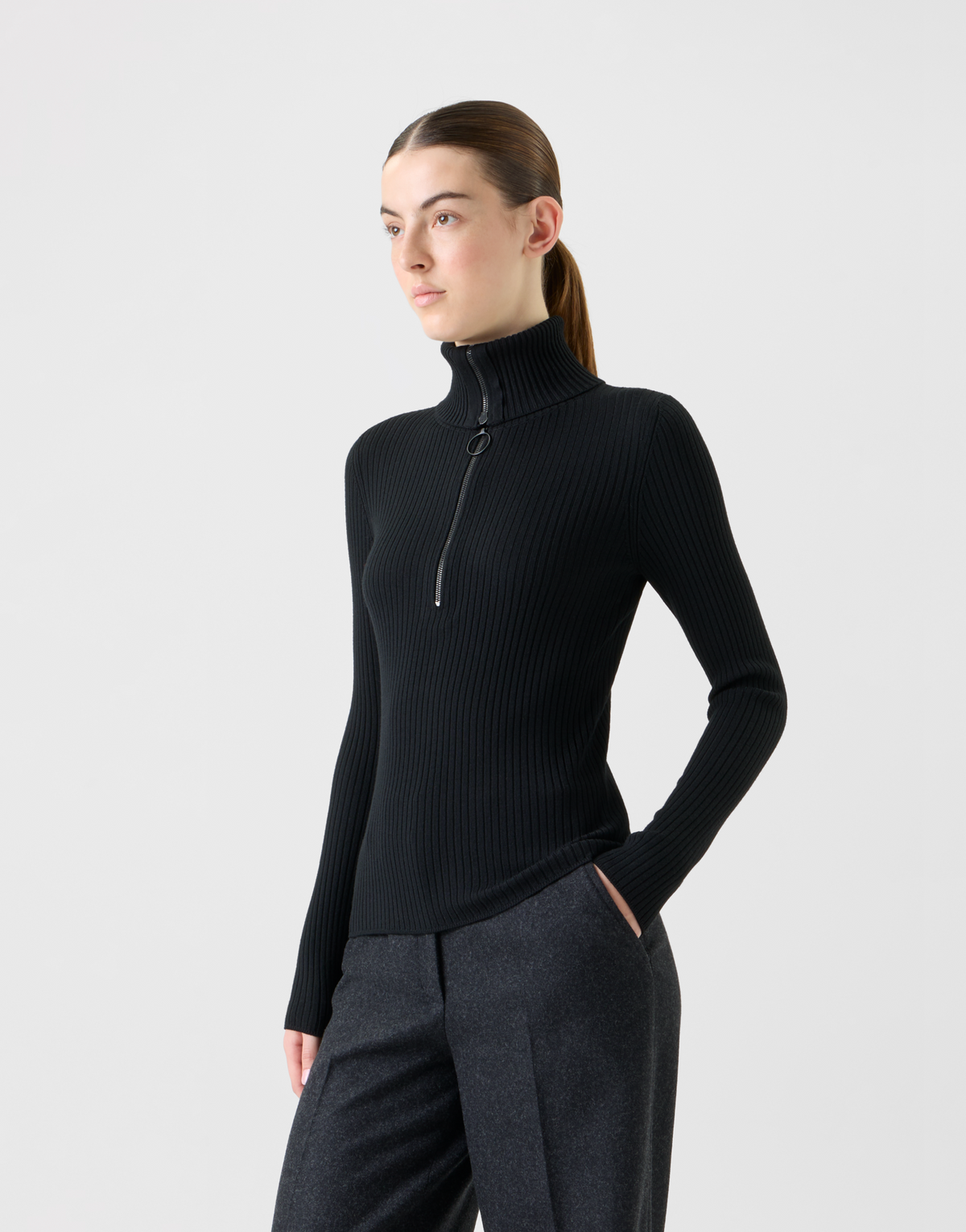 Designer Sailor Collar Merino Wool Rib Half-Zip Sweater - black - neutral #editorial