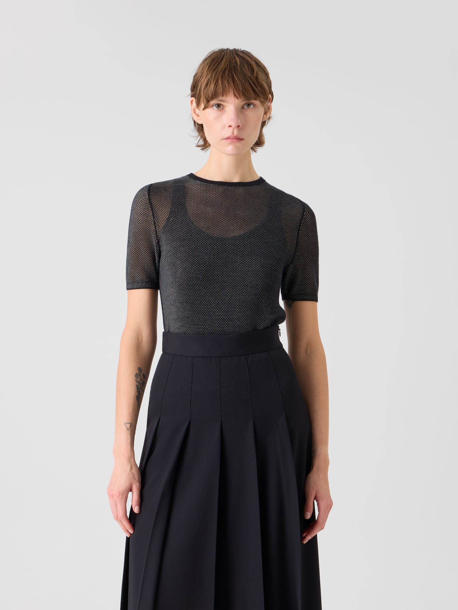 Designer Fitted Two Tone Grid Sweater in Silk - black 