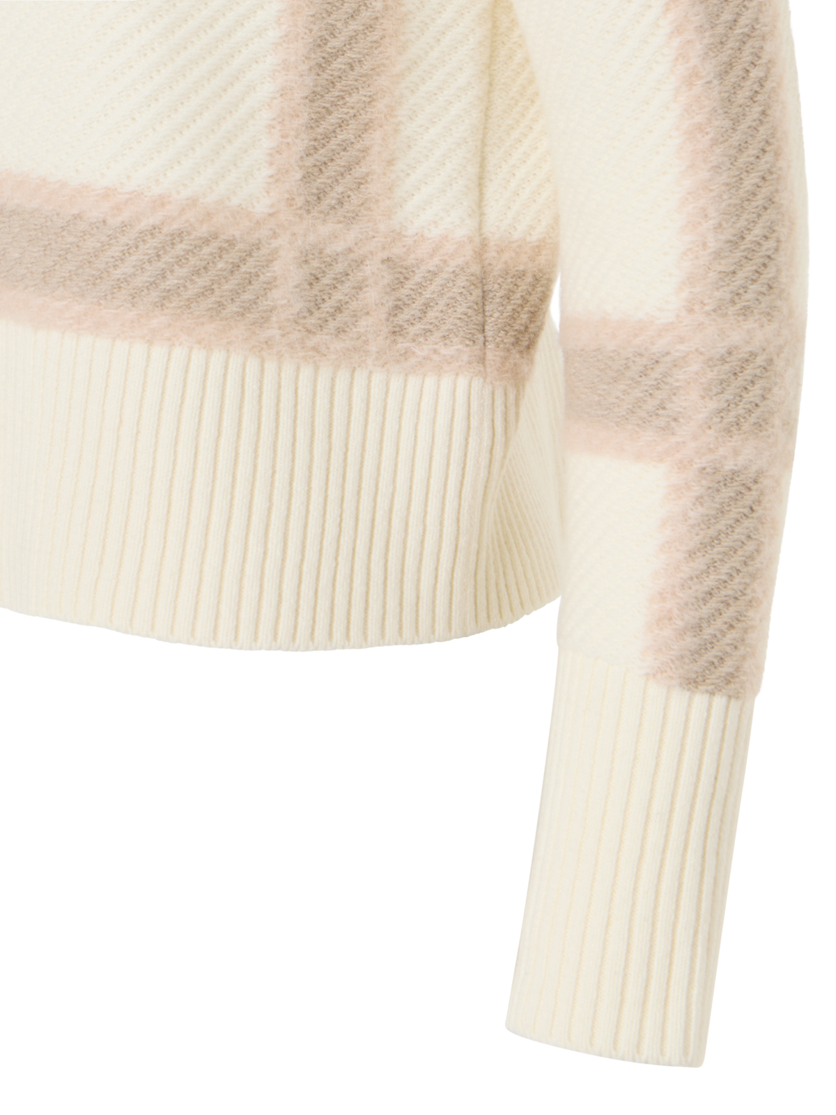 Designer Wool Cashmere Sweater with Intarsia Plaid - ecru - multicolor