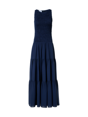 Designer Fitted Smocked Georgette A-Line Midi Dress - navy - blue