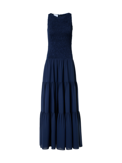 Designer Fitted Smocked Georgette A-Line Midi Dress - navy - blue